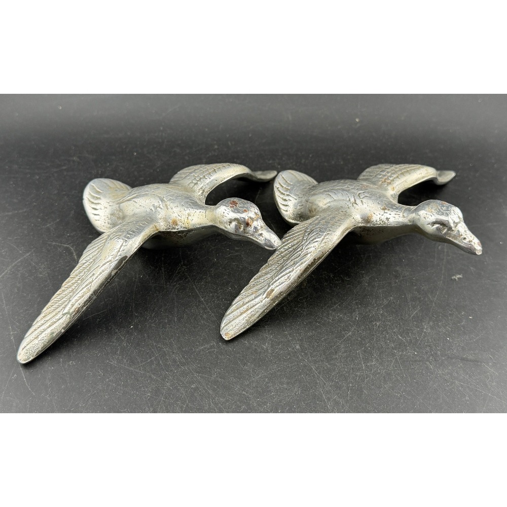 Vintage Metal Flying Goose Figurines Pair-Japan, Bookend Toppers, Silver Tone
